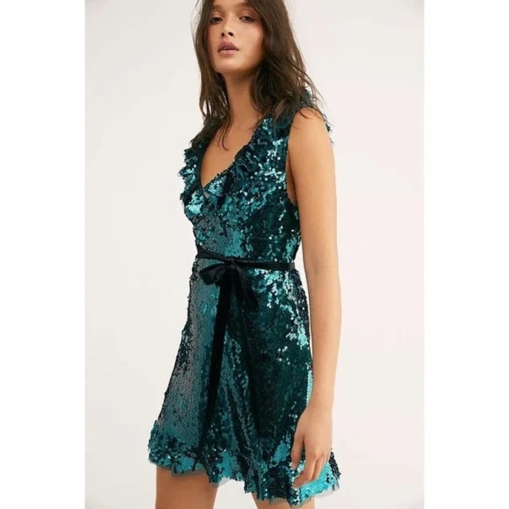 Free People Sequin Siren Mini Dress in Green Spirulina